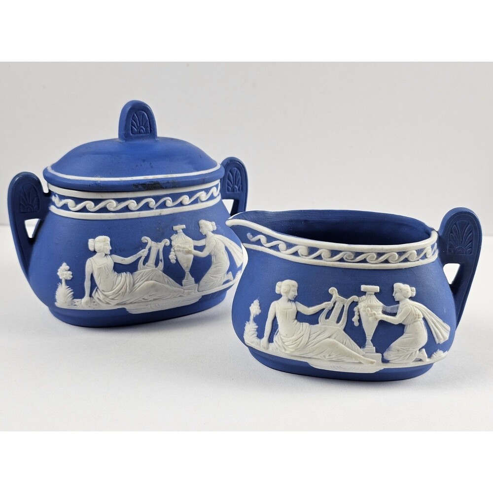 Jasperware Cream on Blue Oval Sugar Bowl w/ Lid & Oval Creamer w/ Handle Japan